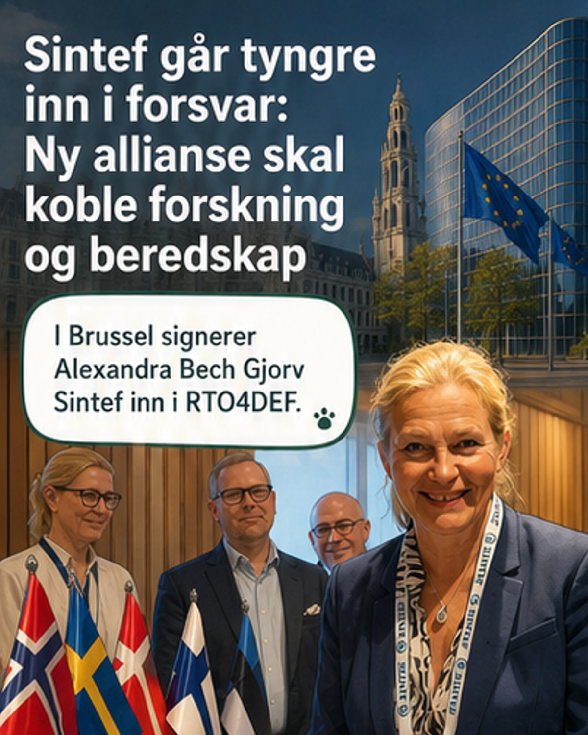 Administrerende direktører fra fem nordiske og baltiske forskningsinstitutter står sammen foran flagg under en signering i Brussel.