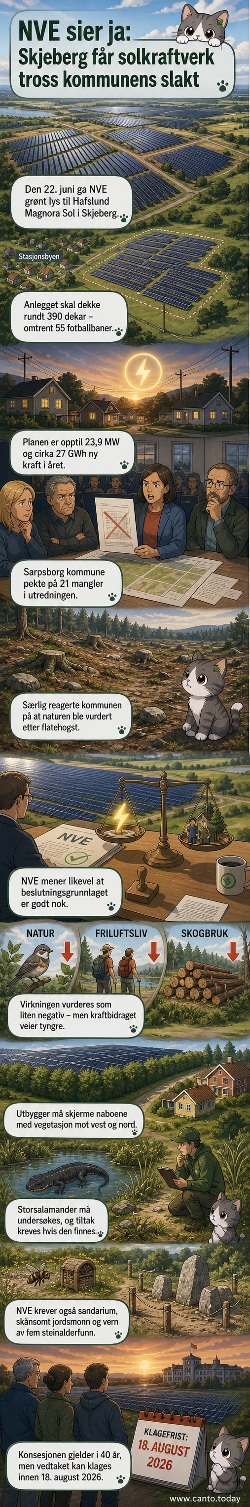 Illustrasjon av et stort solkraftverk i Skjeberg med paneler i rekke og rille, omgitt av skog og boliger, med vegetasjonsskjerm og et sandarium i forgrunnen.