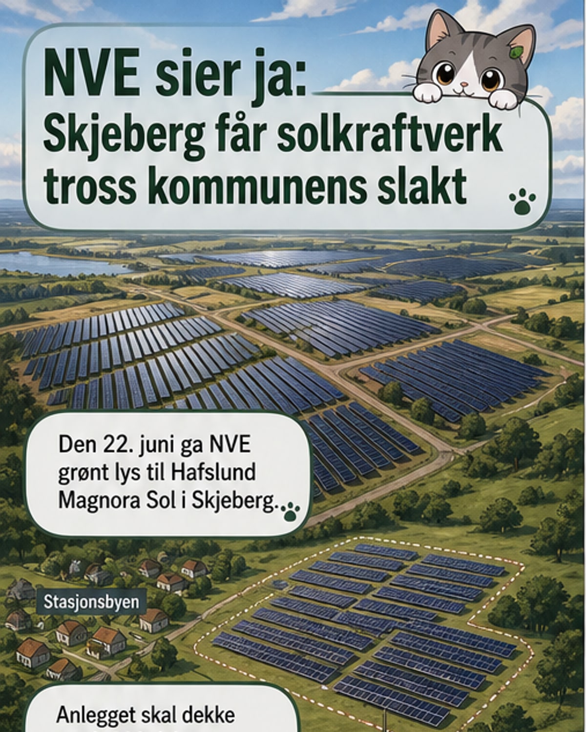 Illustrasjon av et stort solkraftverk i Skjeberg med paneler i rekke og rille, omgitt av skog og boliger, med vegetasjonsskjerm og et sandarium i forgrunnen.