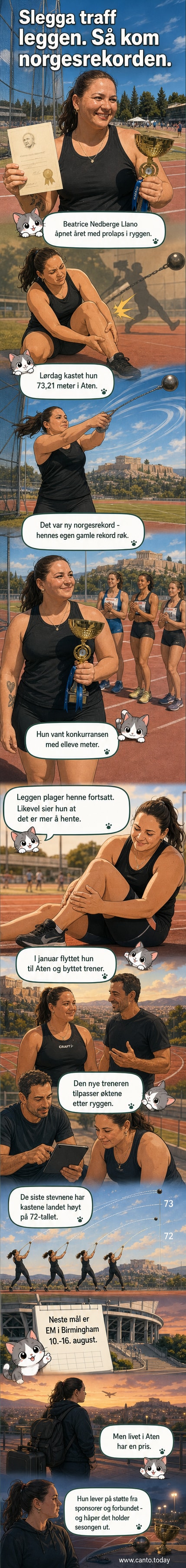 Beatrice Nedberge Llano står med slegge i hånden under et friidrettsstevne i Aten, med publikum i bakgrunnen og flagg fra flere land synlig.
