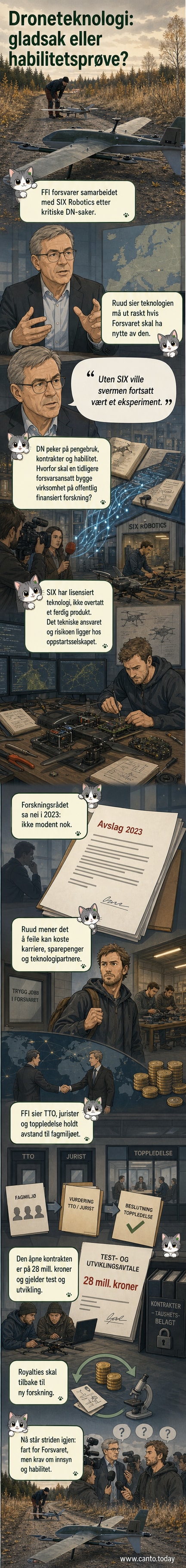 Illustrasjon av små droner i koordinert sverm over terræn, med militær symboler i bakgrunnen og FFI-logo i hjørnet
