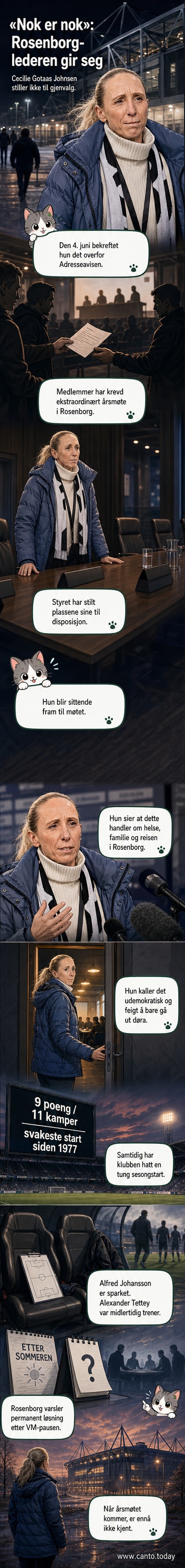 Cecilie Gotaas Johnsen står alene på tribunen ved Lerkendal, med nedbøyet blikk og armene i kors, bakgrunnen er tomme tribuner og regnvær.