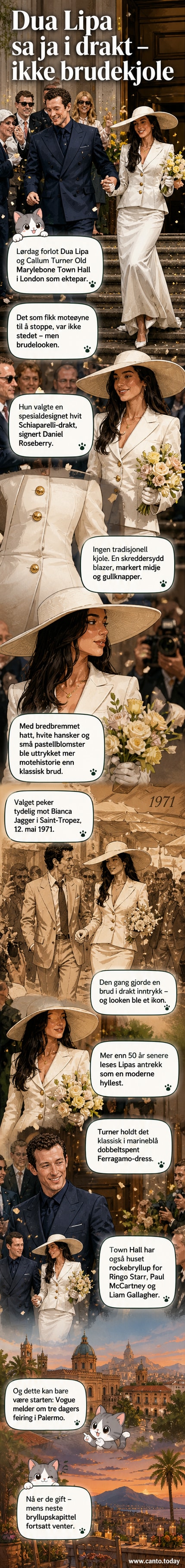 Dua Lipa og Callum Turner går ut av Old Marylebone Town Hall i London etter bryllupsseremonien. Dua Lipa bærer en hvit Schiaparelli-drakt med bredbremmet hatt og blomsterbukett.