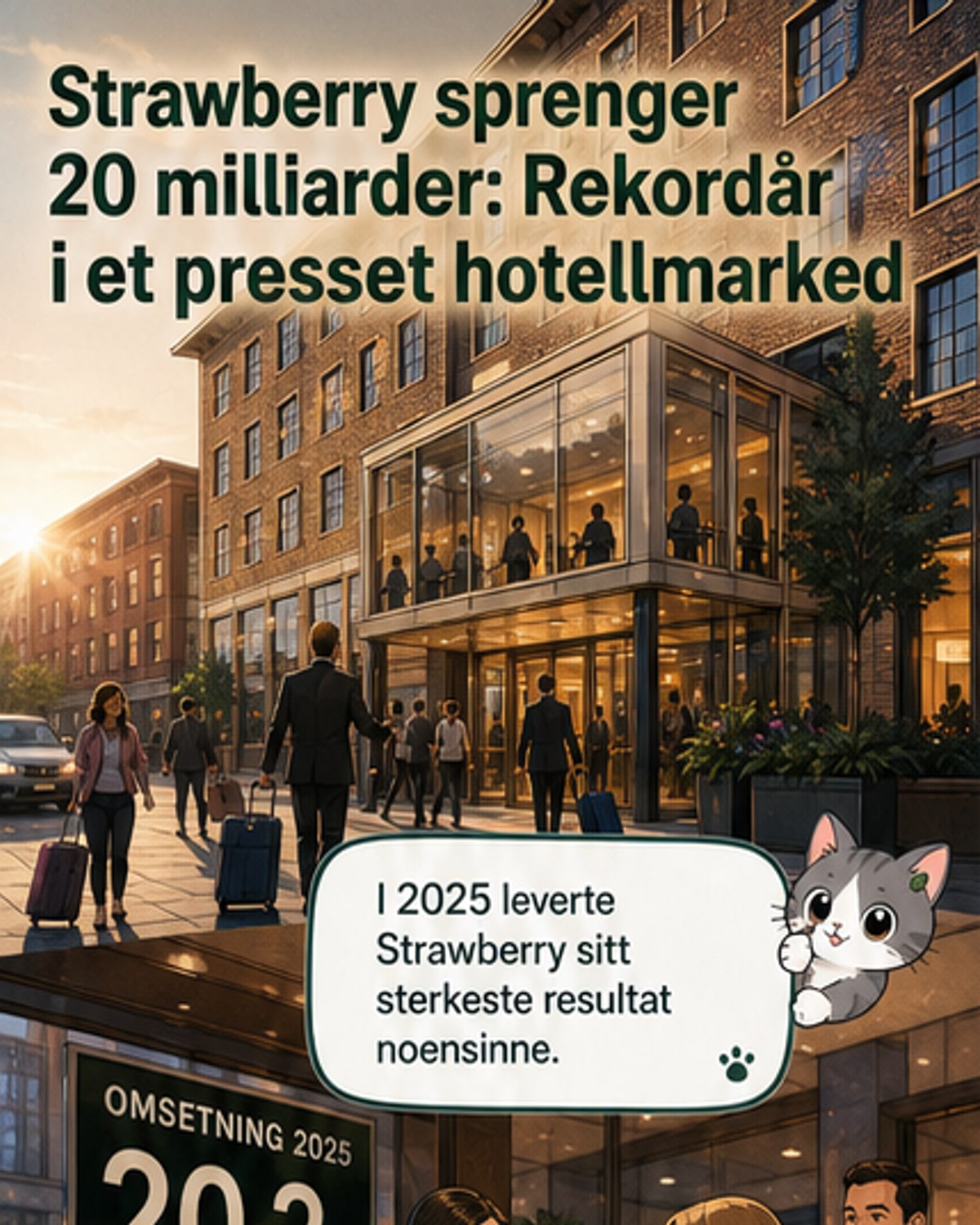 Illustrasjon av et moderne hotell med flagg som viser bølger, regnbue og miljømerke, med tall som 20,3 mrd og 1,4 mrd i bakgrunnen.