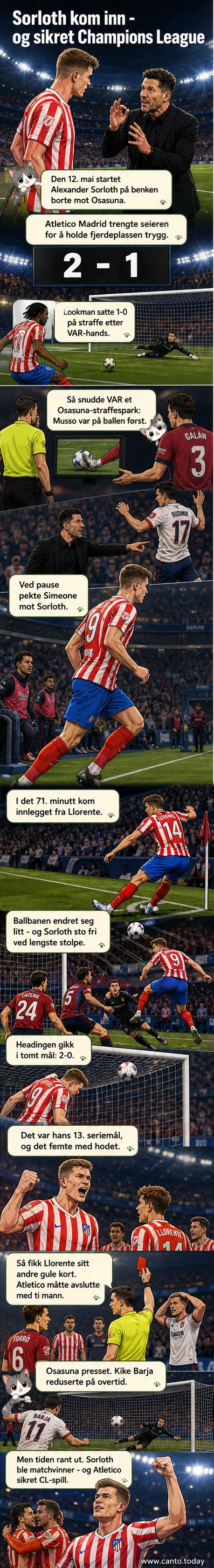 Alexander Sørloth løfter armene etter å ha nikket inn vinnermålet for Atlético Madrid mot Osasuna på bortebane.