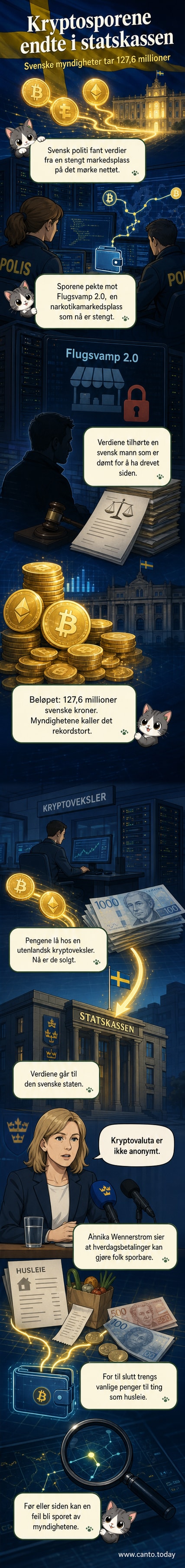 Illustrasjonsbilde av en dataskjerm med kryptovaluta-symboler og en politibil i bakgrunnen, symboliserer beslag av digitale midler fra mørket nettet.