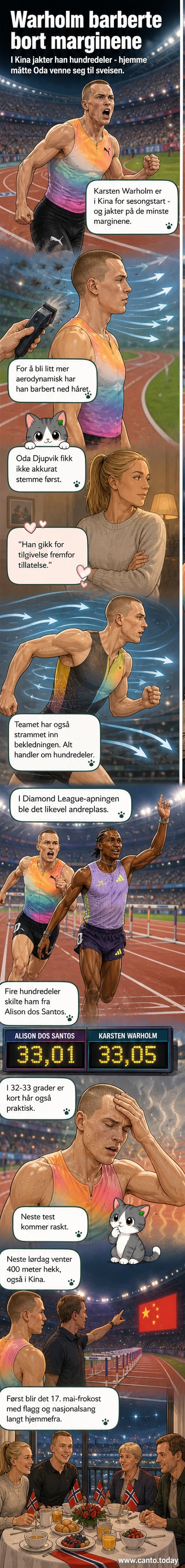 Karsten Warholm med nybarbert hode etter løp i Kina, iført treningsdress og med smil.