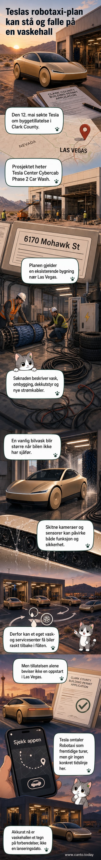 Illustrasjon av en fremtidig Tesla Cybercab i en automatisert vaskehall med renslige linjer og teknologisk design i bakgrunnen.