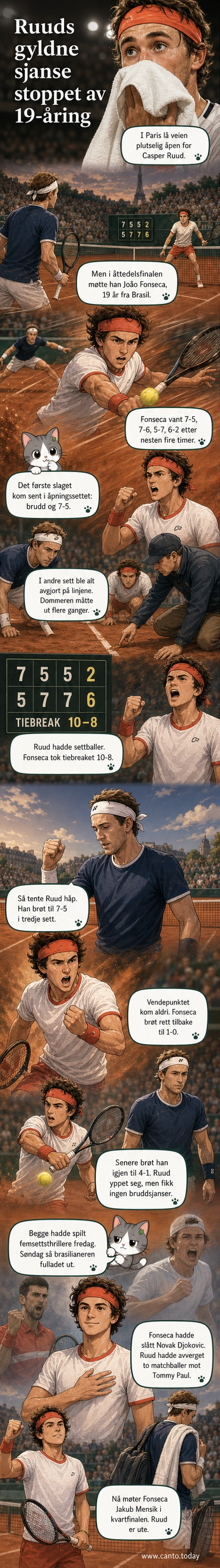 João Fonseca jubler på banen etter sin seier over Casper Ruud i Roland-Garros, med dommer og publikum i bakgrunnen.