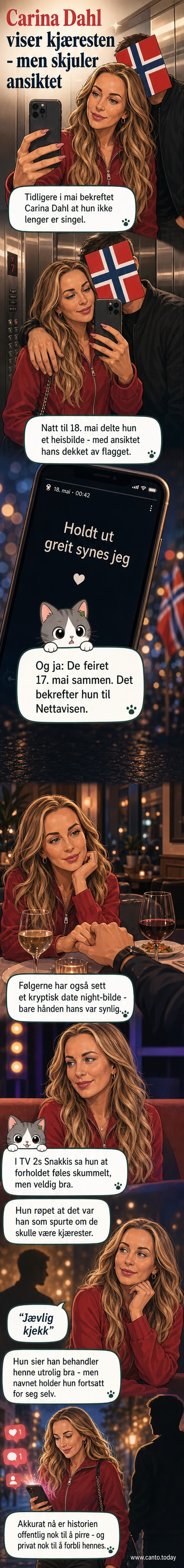 Illustrasjon av Carina Dahl og en anonym mann i en heis, med norsk flagg foran ansiktet hans, som viser et privat øyeblikk fra forholdet deres.