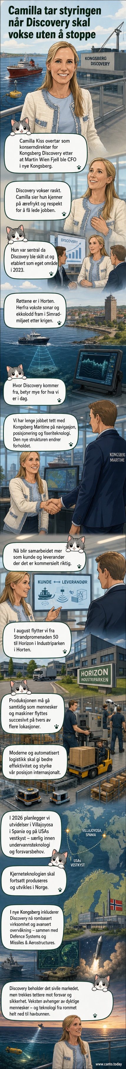Camilla Kiss, ny konserndirektør i Kongsberg Discovery, står i et moderne kontor med utsikt over Horten. Bak henne vises kart over globale produksjonsanlegg og modeller av undervannsfartøy.