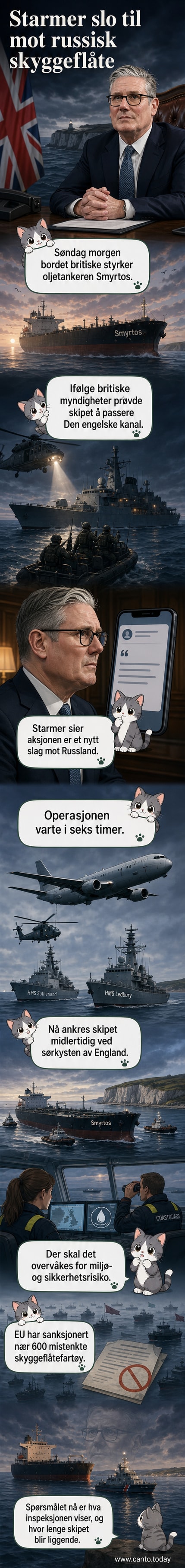 Illustrasjon av britiske marinestyrker som tar kontroll over et sanksjonert russisk oljetanker i Den engelske kanal.