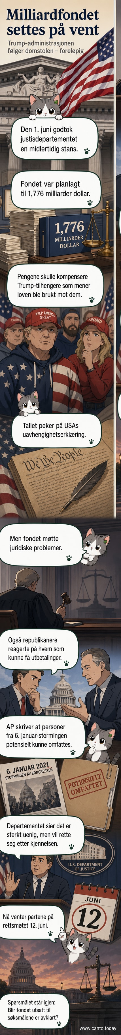 Illustrasjon av en domstol og et stoppskilt foran et stort tall med dollar, symboliserende stans i et politisk kontroversielt fond.
