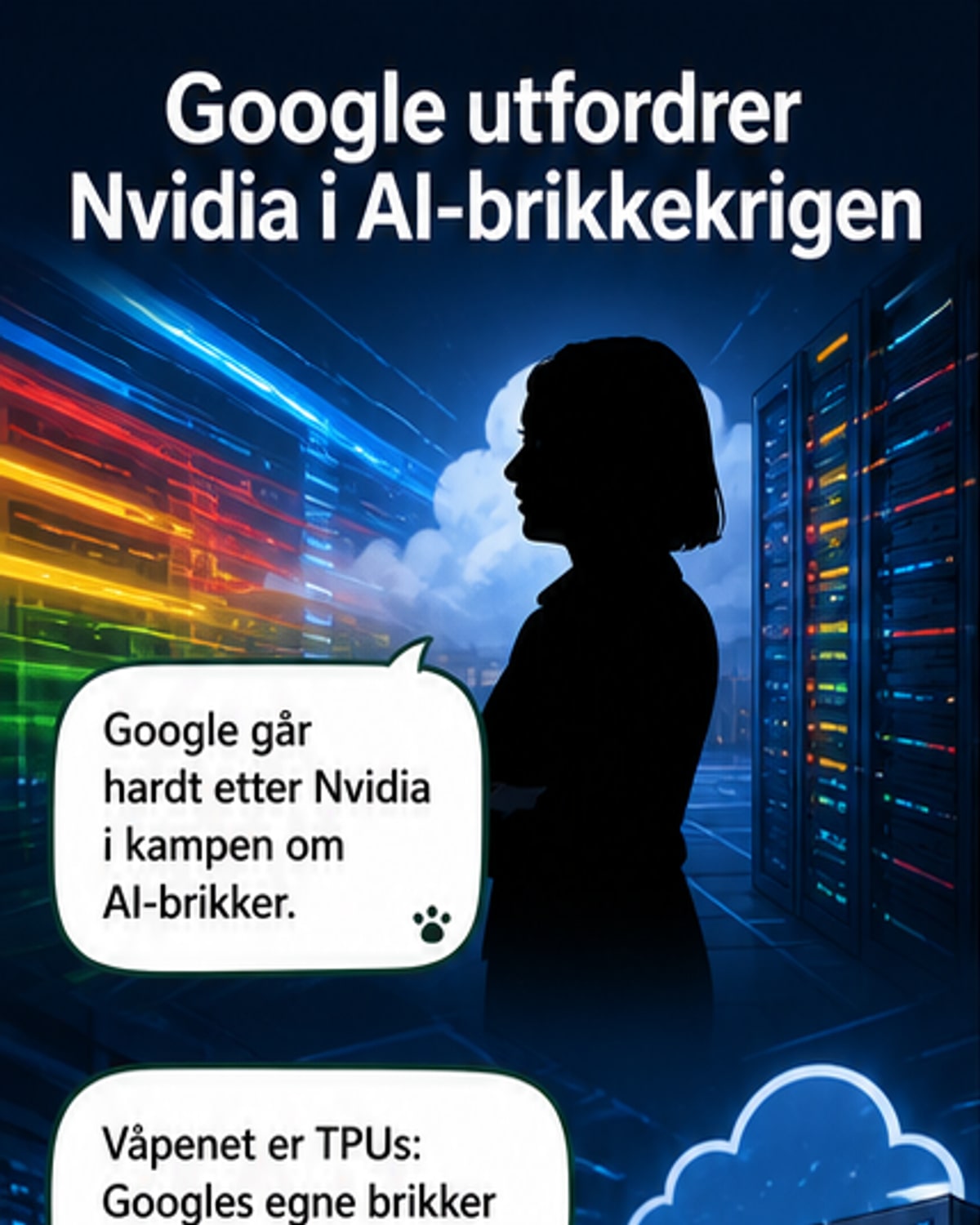 Illustrasjon av Google og Nvidia som to tech-giganter i en bokserscene, med AI-brikker som prisen i midten.