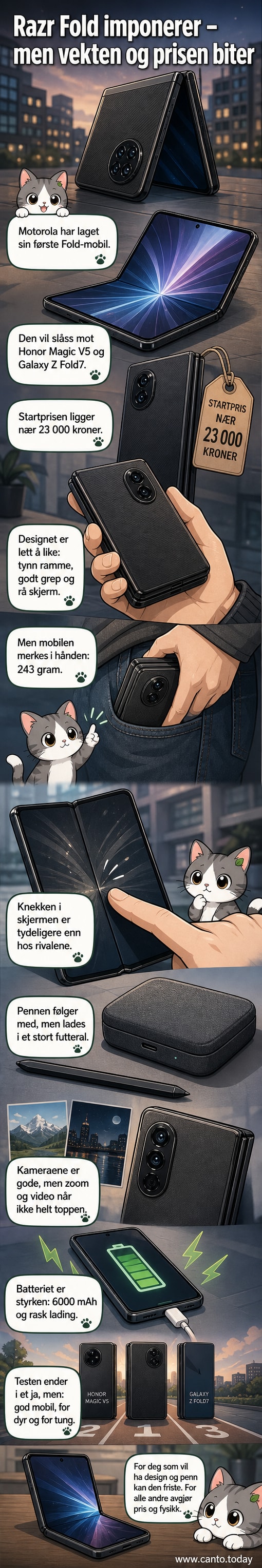 Motorola Razr Fold i åpen og lukket tilstand, vist med tydelig hengsel og teksturert bakside.