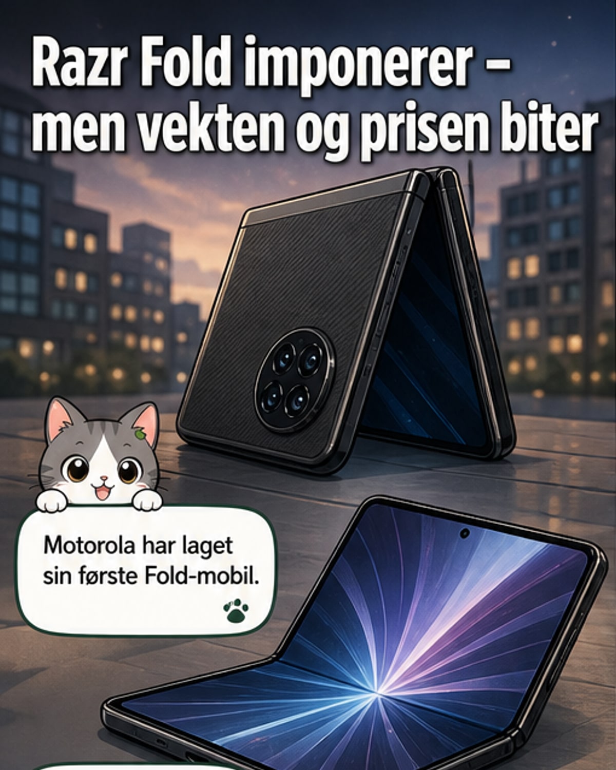 Motorola Razr Fold i åpen og lukket tilstand, vist med tydelig hengsel og teksturert bakside.