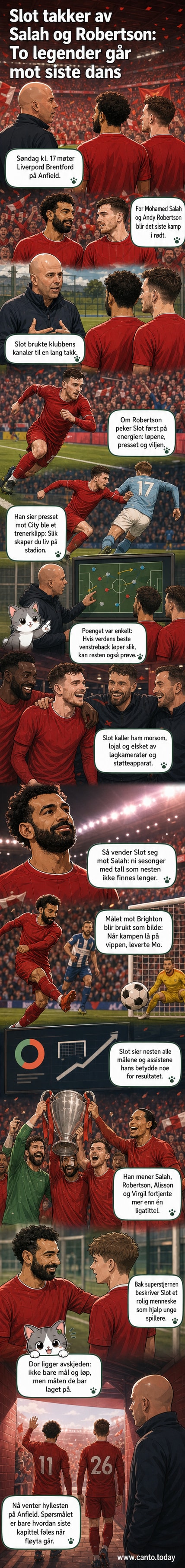 To Liverpool-spillere, Mohamed Salah og Andy Robertson, står smilende på Anfield-banen i røde drakter, omringet av fans og lagkamerater i en hyllestssceneri.