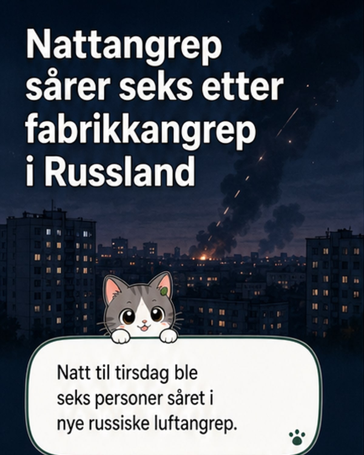 Illustrasjon av nattangrep med missiler over en by, røyk og brannlys i mørket