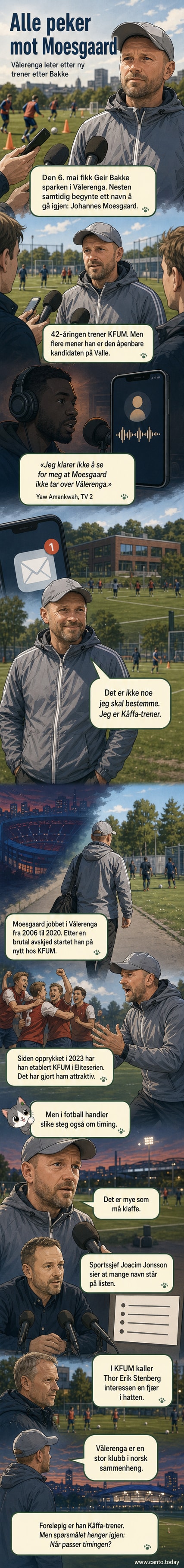Johannes Moesgaard står på fotballbanen i treningsdrakt, med blikket rettet mot spillerne. Bakgrunnen viser tribunene på Ekebergsletta.