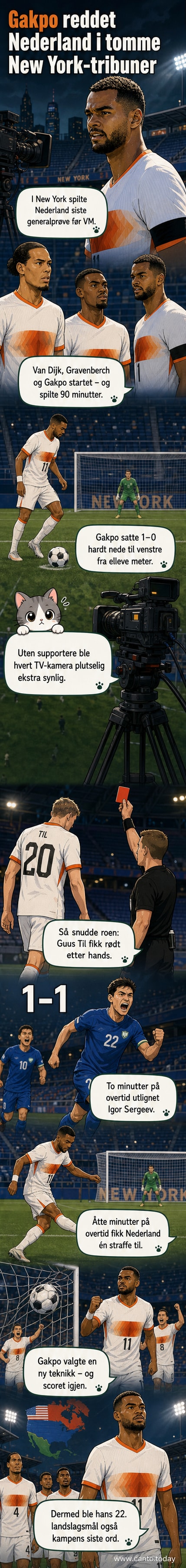 Cody Gakpo står og feirer sin straffemål for Nederland mot Usbekistan i en tom stadion i New York, med Virgil van Dijk og Ryan Gravenberch i bakgrunnen.