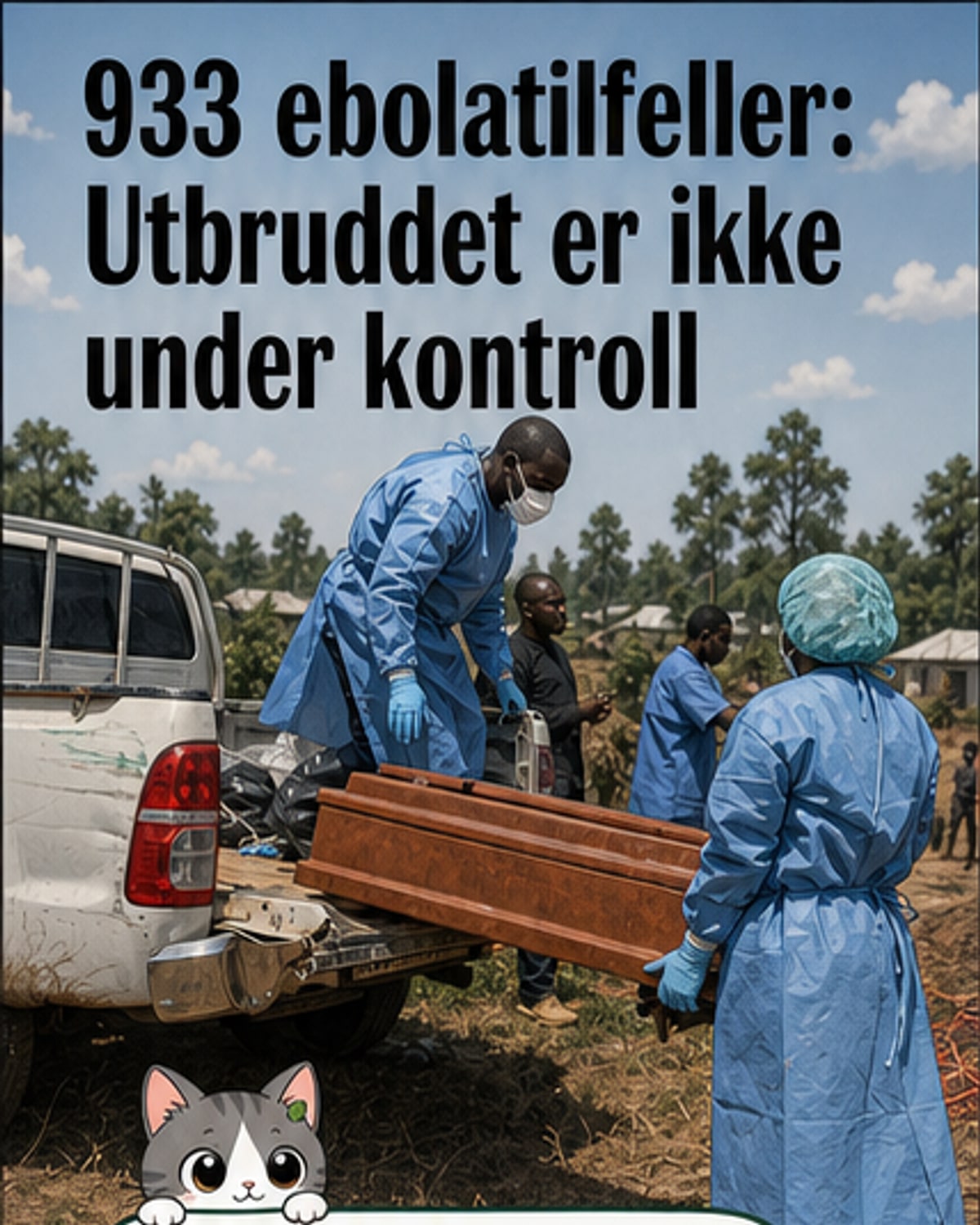 Illustrasjon av helsepersonell i beskyttelsesutstyr som hjelper pasienter under et ebolautbrudd i Kongo, med kart som viser smitte i Ituri, Nord-Kivu og Sør-Kivu samt spredning til Uganda.