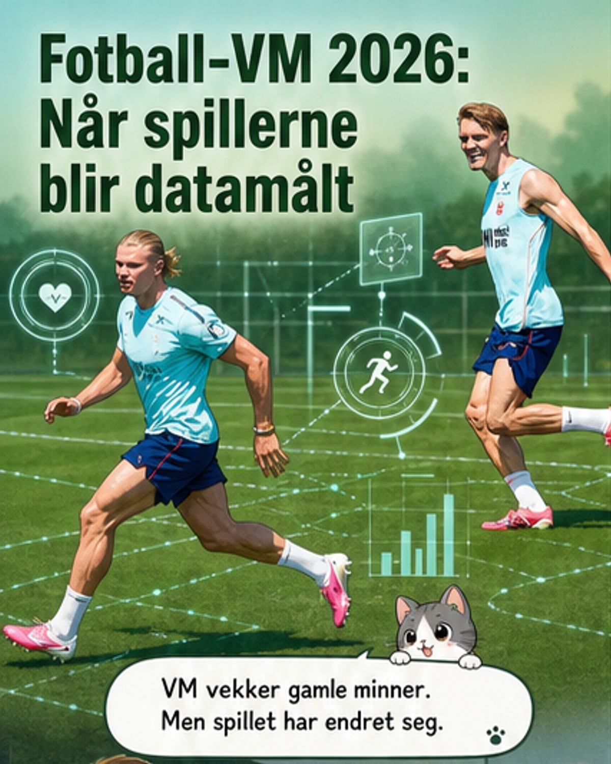 En fotballspiller løper på banen mens data om hastighet, posisjon og puls vises i sanntid på en skjerm ved siden av.