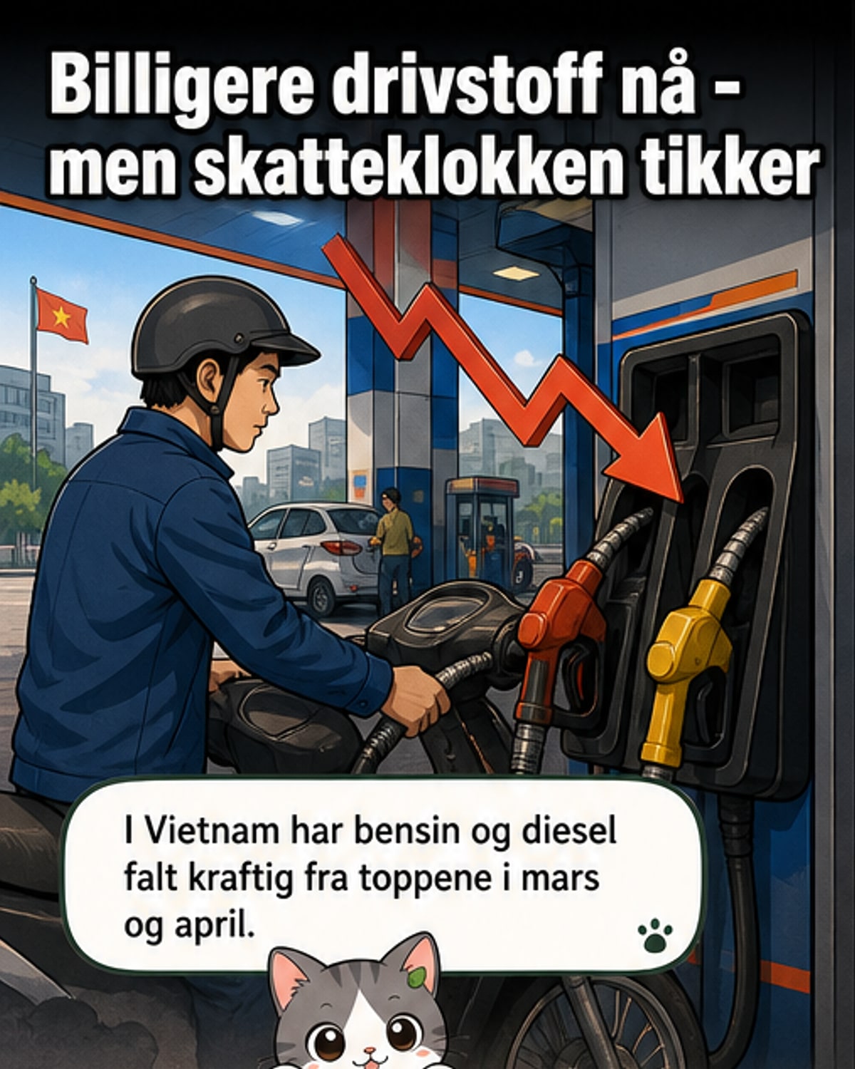 Illustrasjon av drivstasjon med fallende priser på skilt, og klokke som nærmer seg 30. juni – symbol på utløpende skattelettelser i Vietnam.