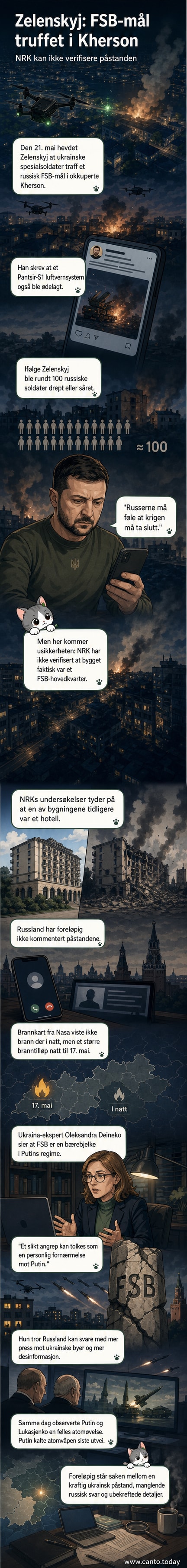 Skjermbilde av video delt av Zelenskyj som viser eksplosjoner i bygninger, tilsynelatende fra droneangrep i Kherson.