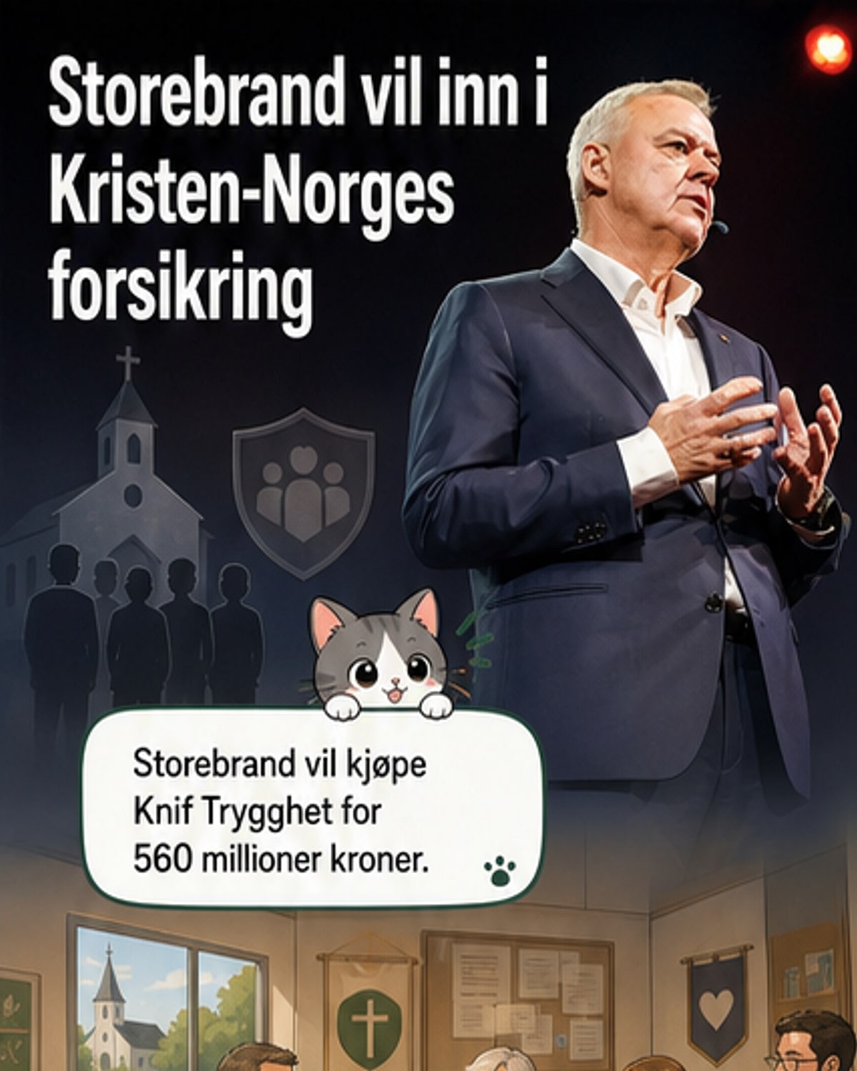 Illustrasjon av to håndskrytter – en fra Storebrand og en fra Knif Trygghet – som inngår en avtale, med bibel og forsikringsdokumenter i bakgrunnen.