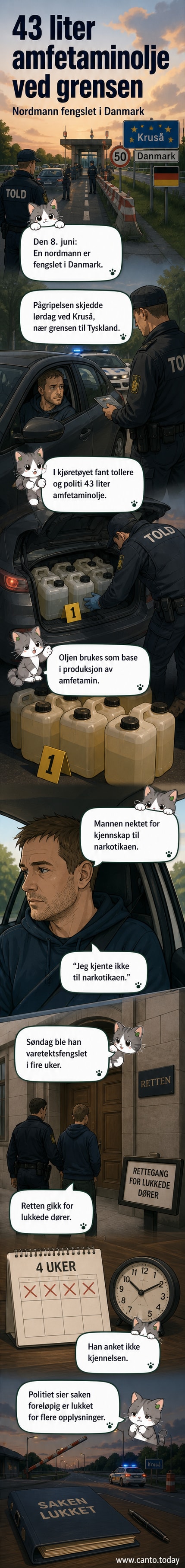 Illustrasjon av en norsk mann i politiavhør, med bil og 43-liter beholdere i bakgrunnen, symboliserende amfetaminolje-smugling over dansk-tysk grense.