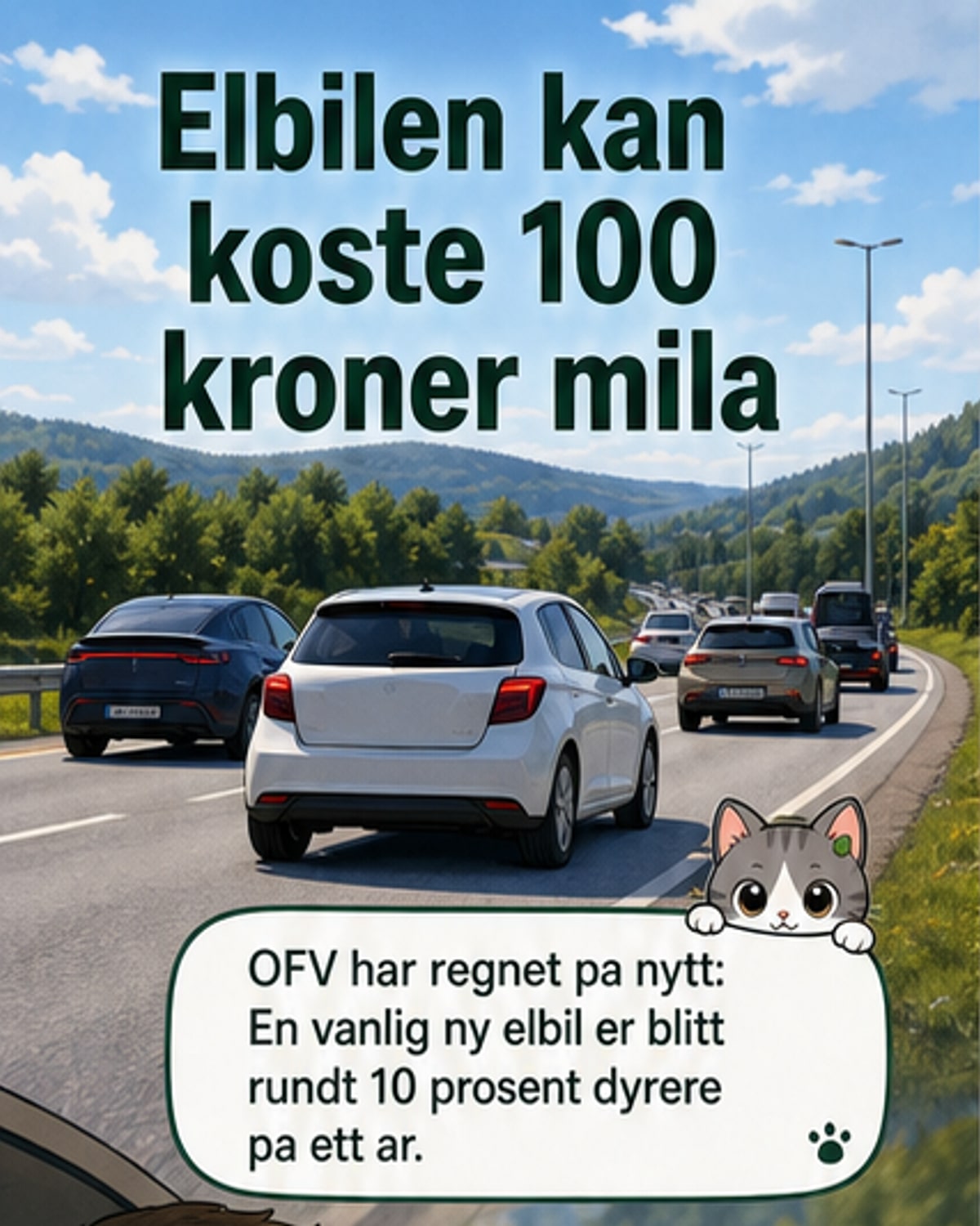 Illustrasjon av en elbil på vei, med tekst som viser at kostnaden er 10 kroner per kilometer eller 1000 kroner per time på motorveien.