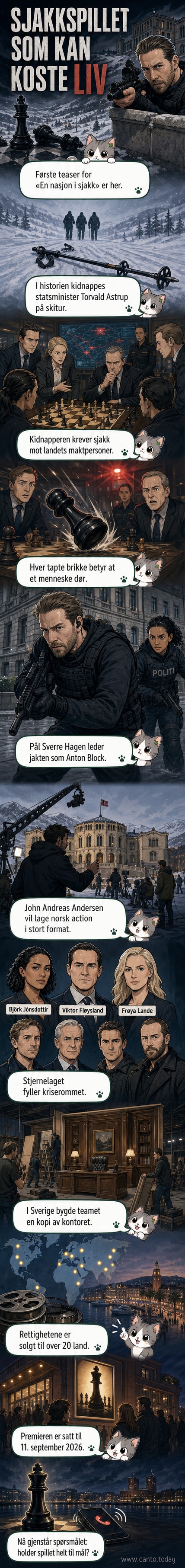 Teaserbilde fra filmen 'En nasjon i sjakk' med mørk stemning, skikkelser i snø og en stor sjakkbrikke i forgrunnen