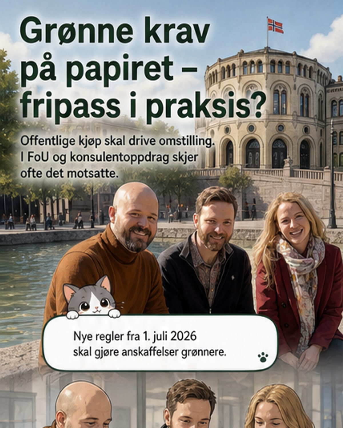 Illustrasjon av et kontor med forskere og rådgivere bak skjermer, mens en stor tekst sier 'klimaavtrykk: uvesentlig'.