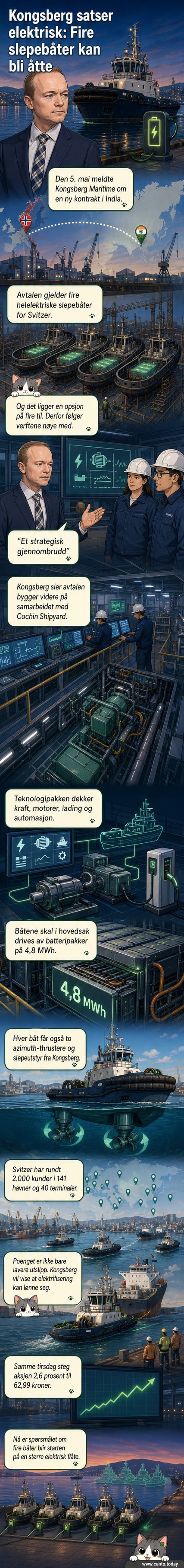 Illustrasjon av en elektrisk slepebåt i havn med batteripakke og Kongsberg-teknologi, omgitt av containerkraner og skip.