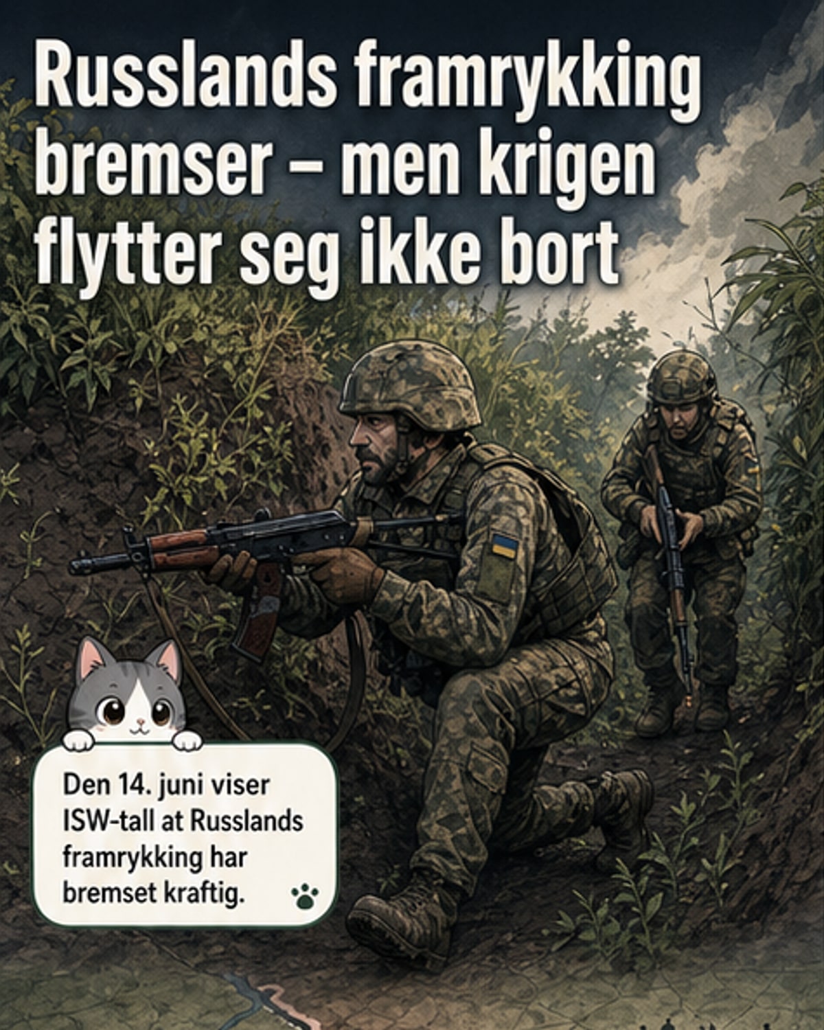 Illustrasjon av frontlinjen i Ukraina med droner over feltet og russiske og ukrainske styrker på hver sin side