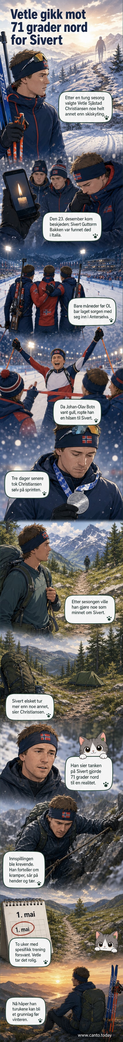 Vetle Sjåstad Christiansen står i arktisk terreng i mørkeblå friluftsdragt, med ski og rucksak, og ser ut over en snødekt landsby.