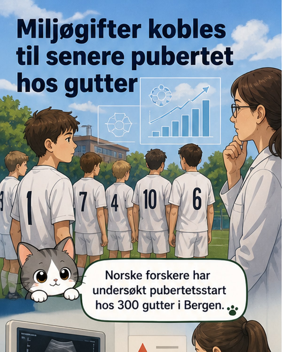 Illustrasjon av en tenåring med blodprøve og kjemiske formler rundt hodet, symboliserer hvordan miljøgifter kan påvirke puberteten.