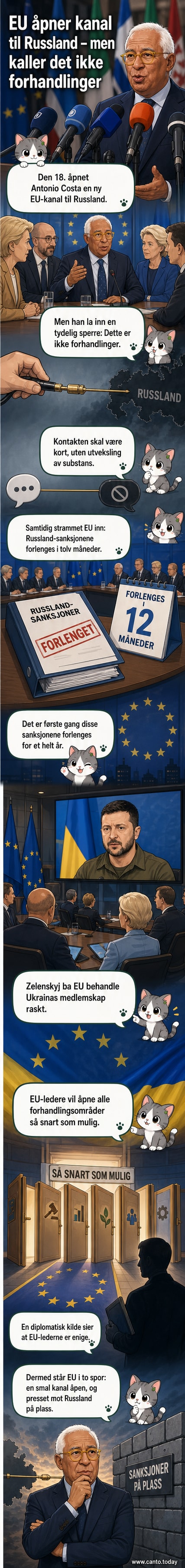 EU-president Antonio Costa står ved et bord med EU-flagg, forbereder seg til et møte i Brussel der diplomatisk kontakt med Russland diskuteres.