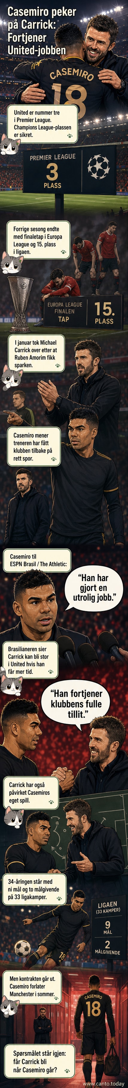 Casemiro i rødt Manchester United-drakt peker mot sidelinjen der midlertidig trener Michael Carrick står og dirigerer.