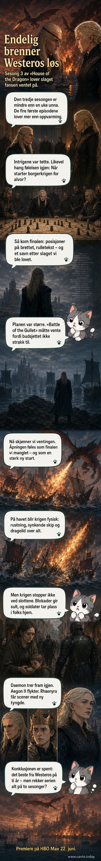 Illustrasjon av drager i kamp over et stormfullt hav, med et synkende skip i forgrunnen og kongelige figurer i rustning som kjemper på dekk.