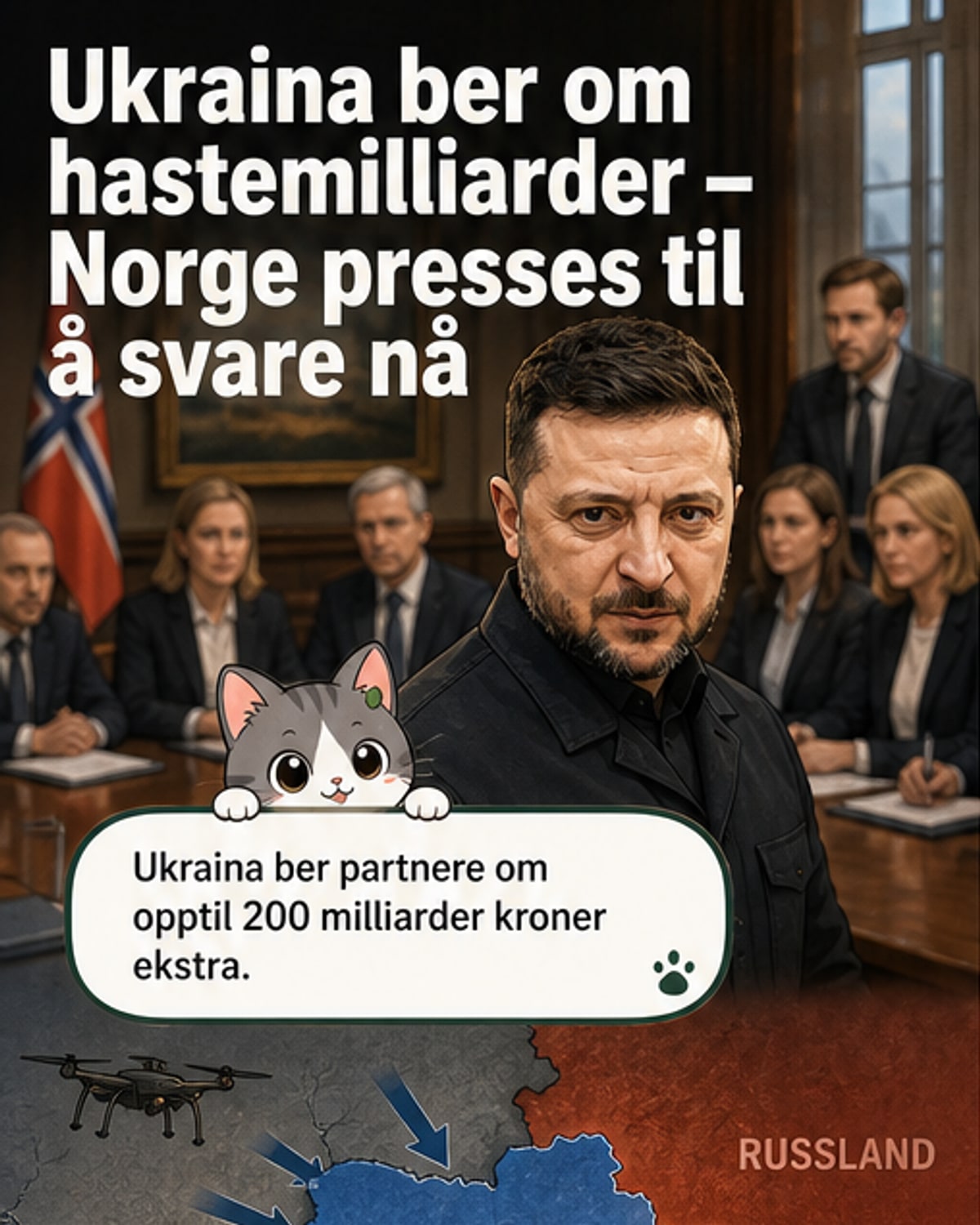 Illustrasjon av et møte mellom norske og ukrainske politikere, med flagg og dokumenter på bordet.