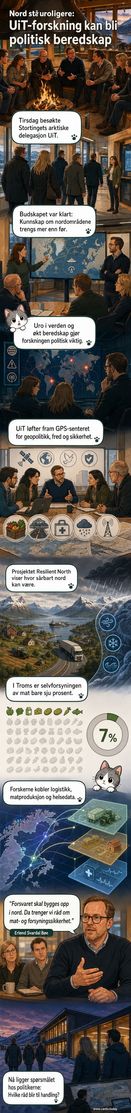 Illustrasjon av forskere og politikere som møtes ved et kart over Arktis, med symboler for mat, klima og sikkerhet rundt et digitalt datasenter.