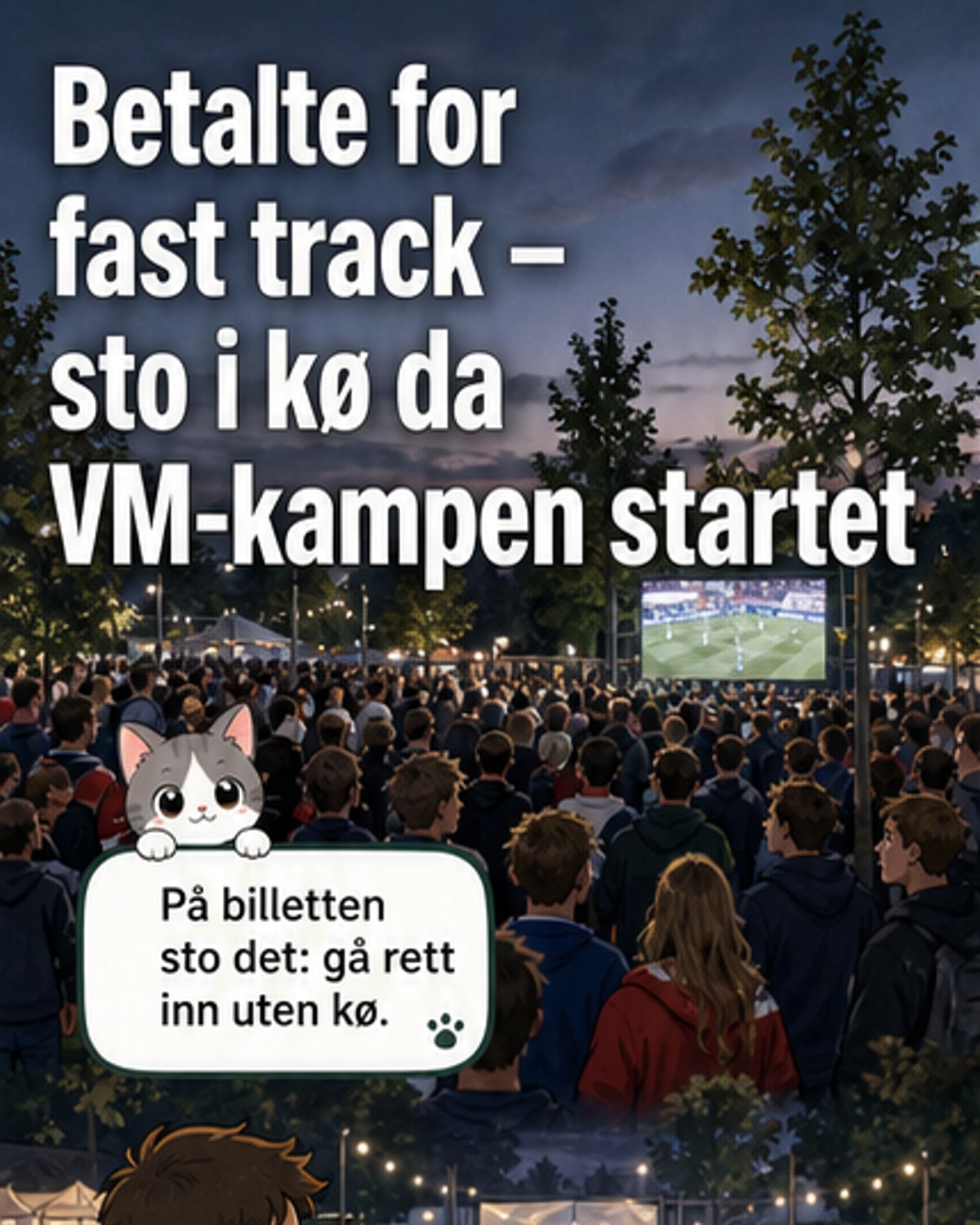 Folk står i en lang kø foran et gjerde ved en stor skjerm, hvor en fotballkamp vises i bakgrunnen. Det er mørkt og mange har jakker på.