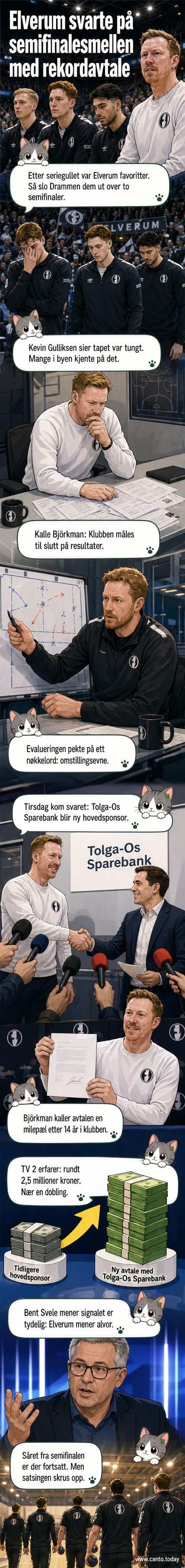 Markedssjef Kalle Björkman fra Elverum Håndball står og smiler under pressekonferansen hvor han holder fram et stort plakat med logoen til Tolga-Os Sparebank.