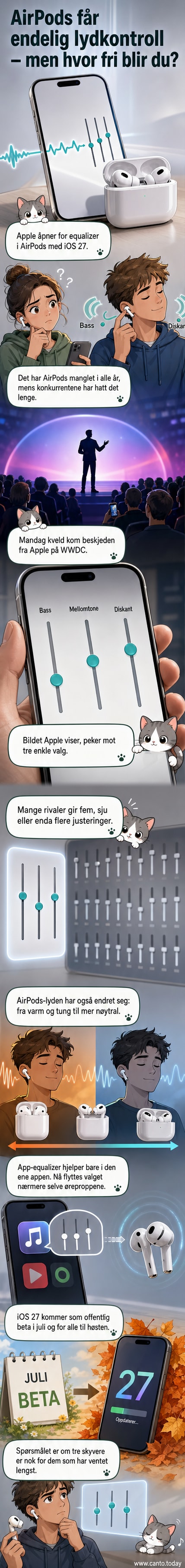 Illustrasjon av AirPods med en enkel equalizer-skjerm som viser justering av bass, midten og diskant.