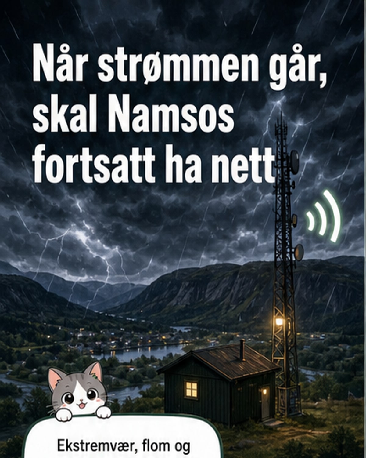 Illustrasjon av en mobilbasestasjon med reservebatteri og fiberkabel i stormvær, med tekst om 72 timers nettkontinuitet.