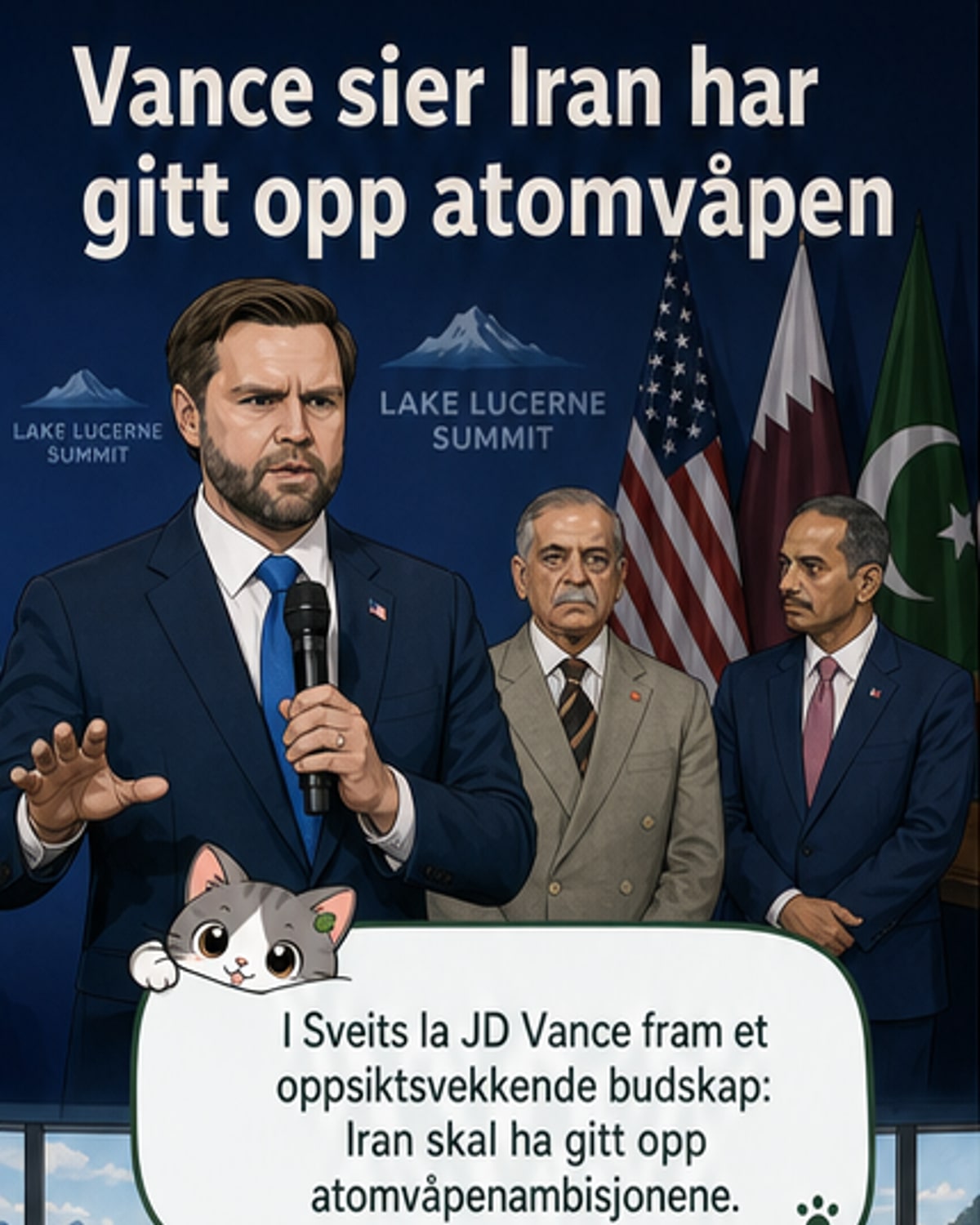 Illustrasjon av USAs visepresident JD Vance og iranske representanter som skjuler hånden over et kart over Midtøsten, med symboler for atomenergi og skipshandel i bakgrunnen.