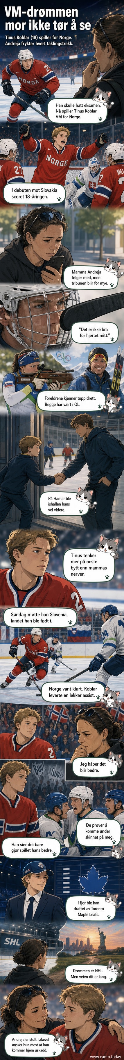 Tinus Koblar i norsk drakt under VM-kamp, med puck i bevegelse og motstandere i nærheten.