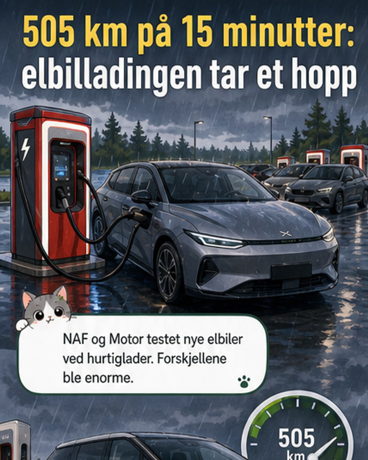 En Xpeng X9 elbil koblet til en hurtiglader, med grafisk visning av 505 km rekkevidde på 15 minutter.