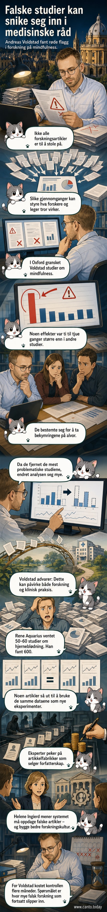 Illustrasjon av en forsker som leser en forskningsartikkel med røde flagg og spørsmålstegn over data og resultater.